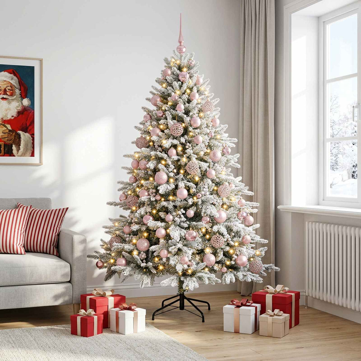 Artificial Christmas Tree with Bauble 300 LEDs Green and White 180 cm with LEDs & pink balls