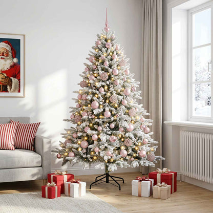 Artificial Christmas Tree with Bauble 300 LEDs Green and White 180 cm with LEDs & pink balls