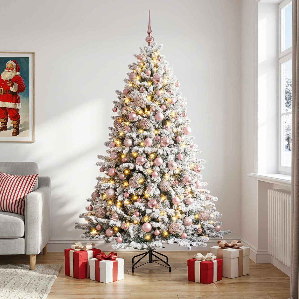 Artificial Christmas Tree with Bauble 300 LEDs Green and white 240 cm with LEDs & pink balls