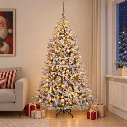 Artificial Christmas Tree with Bauble 300 LEDs Green and white 240 cm with LEDs & pink balls