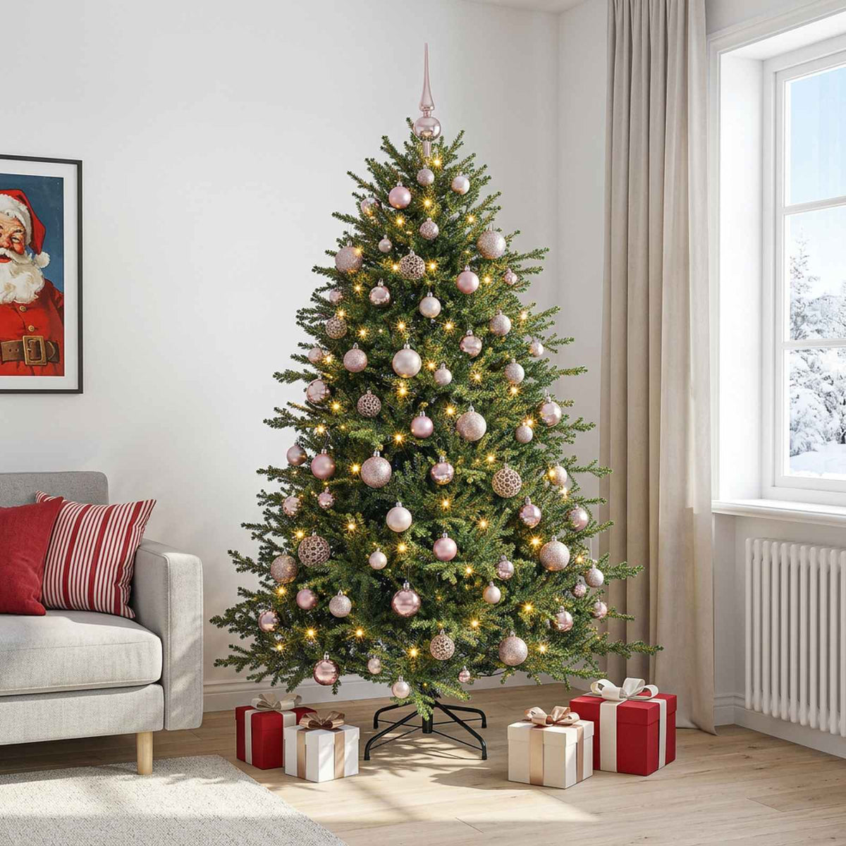Artificial Christmas Tree with Bauble 300 LEDs 240 cm with LEDs & pink balls