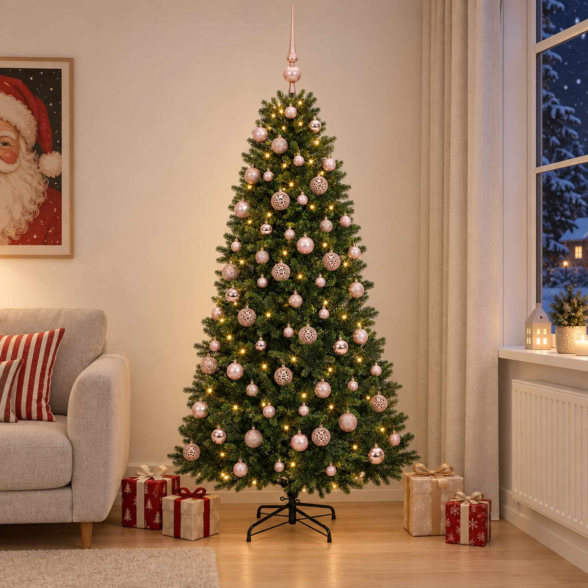 Artificial Christmas Tree with Bauble 300 LEDs 240 cm with LEDs & pink balls