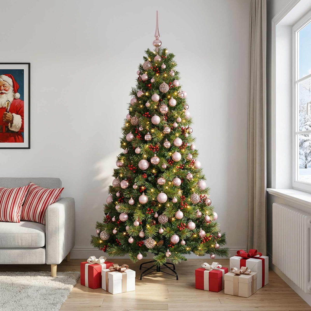 Artificial Christmas Tree with Bauble 300 LEDs 210 cm with LEDs & pink balls