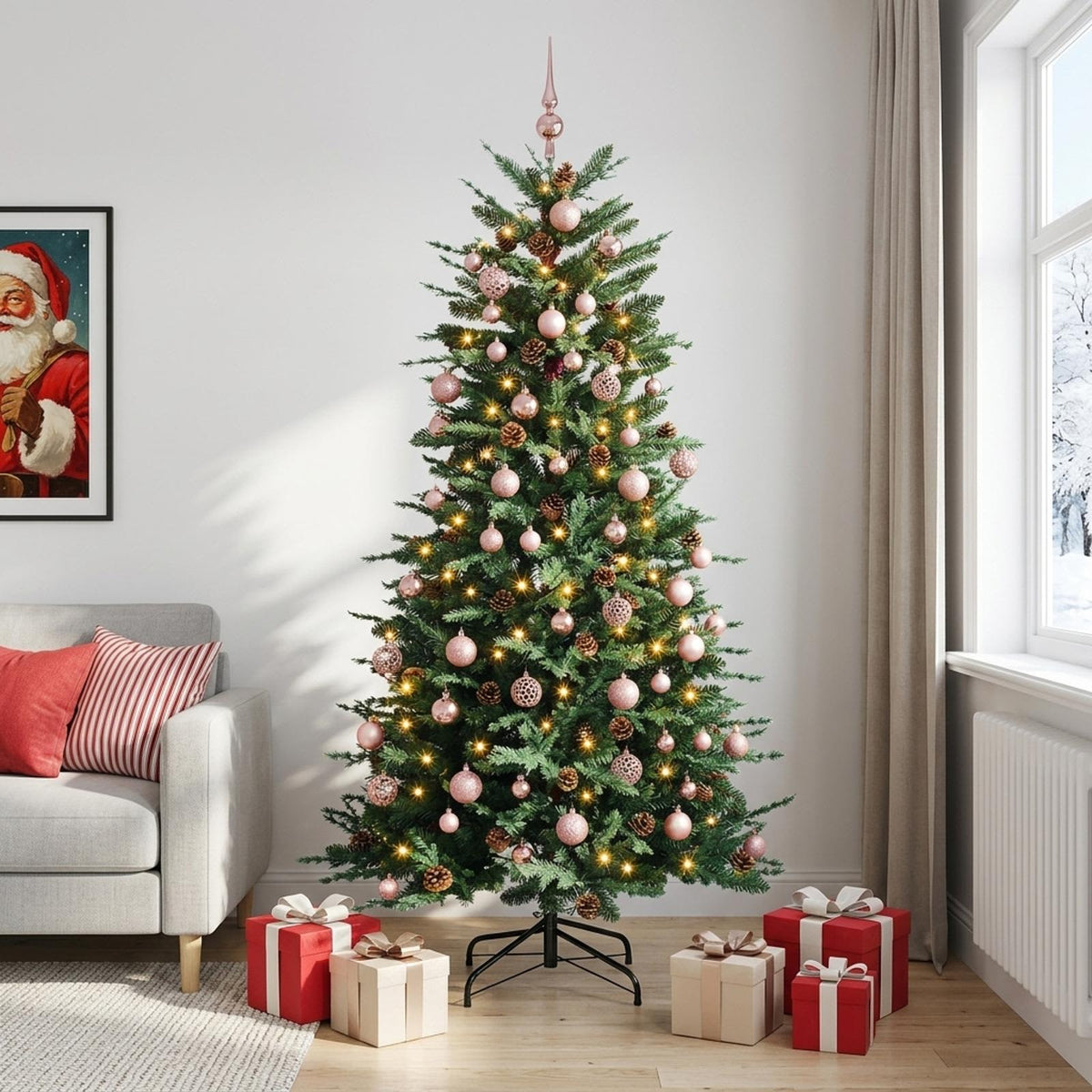 Artificial Hinged Christmas Tree 150 LEDs Warm White Green 180 cm with LEDs & pink balls