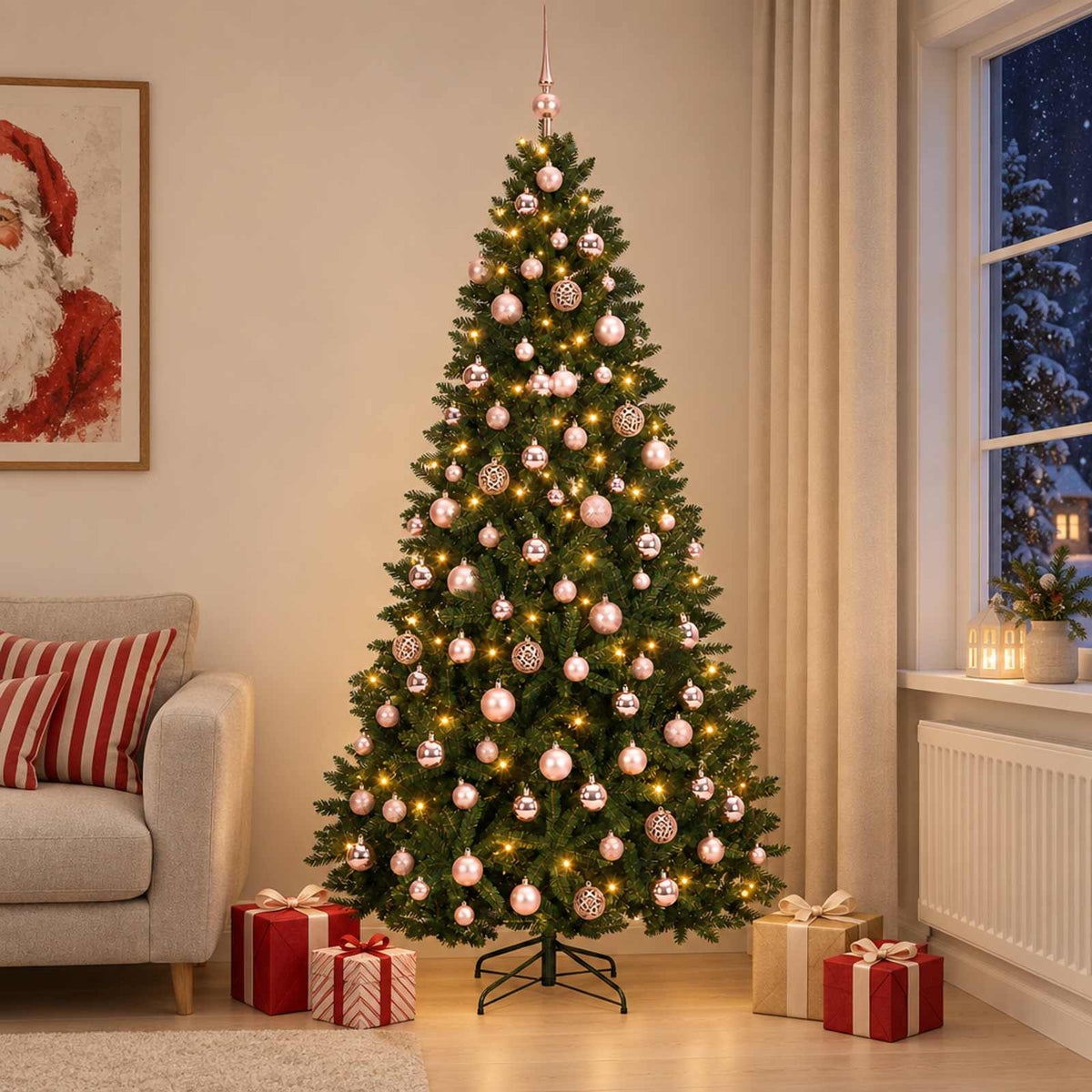 Artificial Christmas Tree with Bauble 210 cm Dark Green Ø 106 x 210 cm with 300 LEDs&pink balls