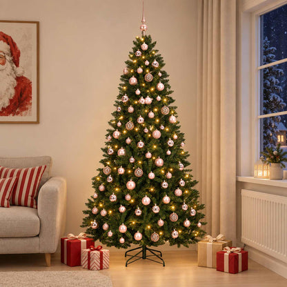 Artificial Christmas Tree with Bauble 210 cm Dark Green Ø 106 x 210 cm with 300 LEDs&pink balls