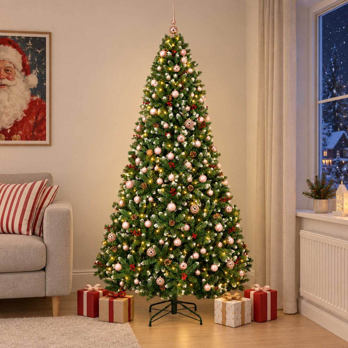 Artificial Christmas Tree Green with Bauble 240 cm 300 LEDs Green with Frosted Tips Ø 120 x 240 cm with 300 LEDs&pink balls