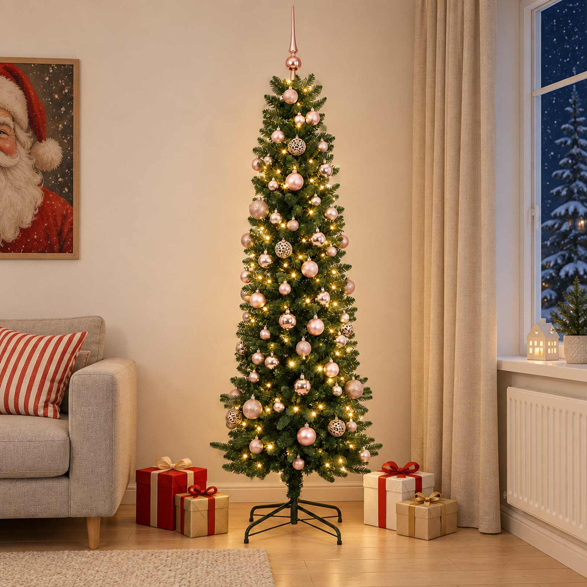 Artificial Slim Christmas Tree with Bauble 300 LEDs Green 210 cm with LEDs & pink balls