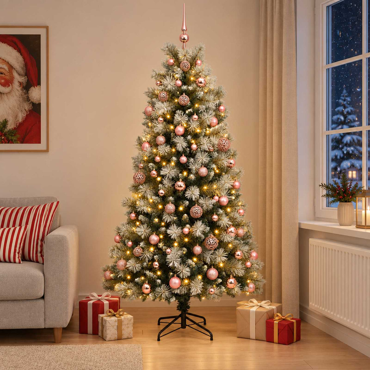 Artificial Hinged Christmas Tree with Baubles 150 LEDs 180 cm with LEDs & pink balls