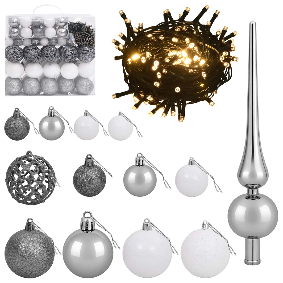 Artificial Christmas Tree with Bauble 180 cm Dark Green Ø 90 x 180 cm with 300 LEDs&white/grey balls