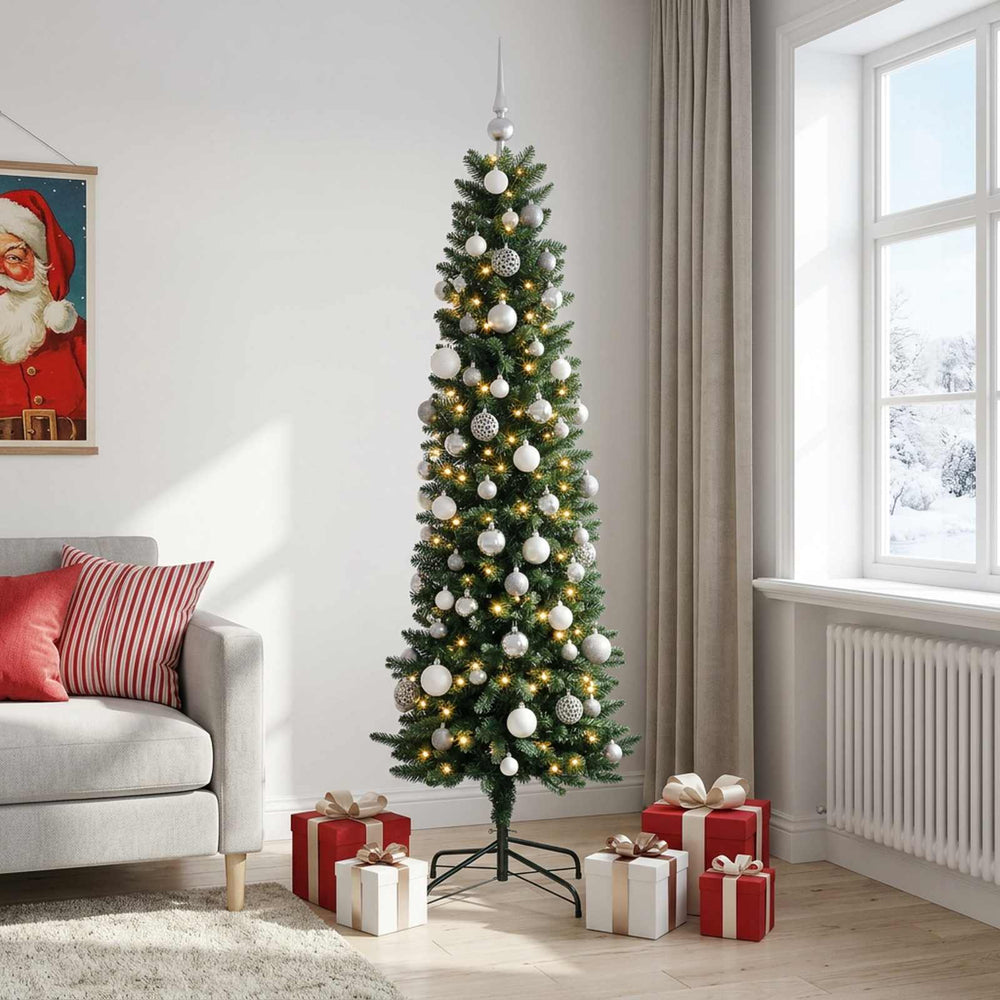 vidaXL Artificial Slim Christmas Tree with Baubles 210 cm 300 LEDs