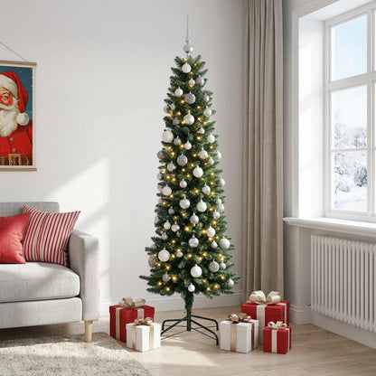 vidaXL Artificial Slim Christmas Tree with Baubles 210 cm 300 LEDs 1