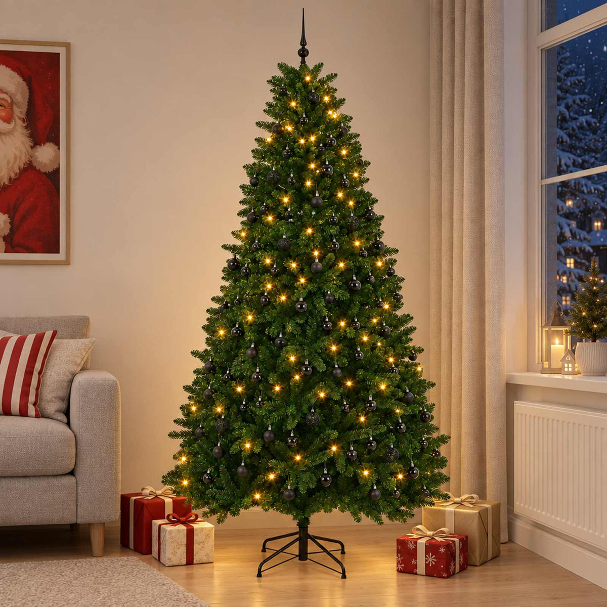 Artificial Hinged Christmas Tree 270 cm 600 LEDs Warm White Medium Green Ø 128 x 270 cm with 300 LEDs&black balls