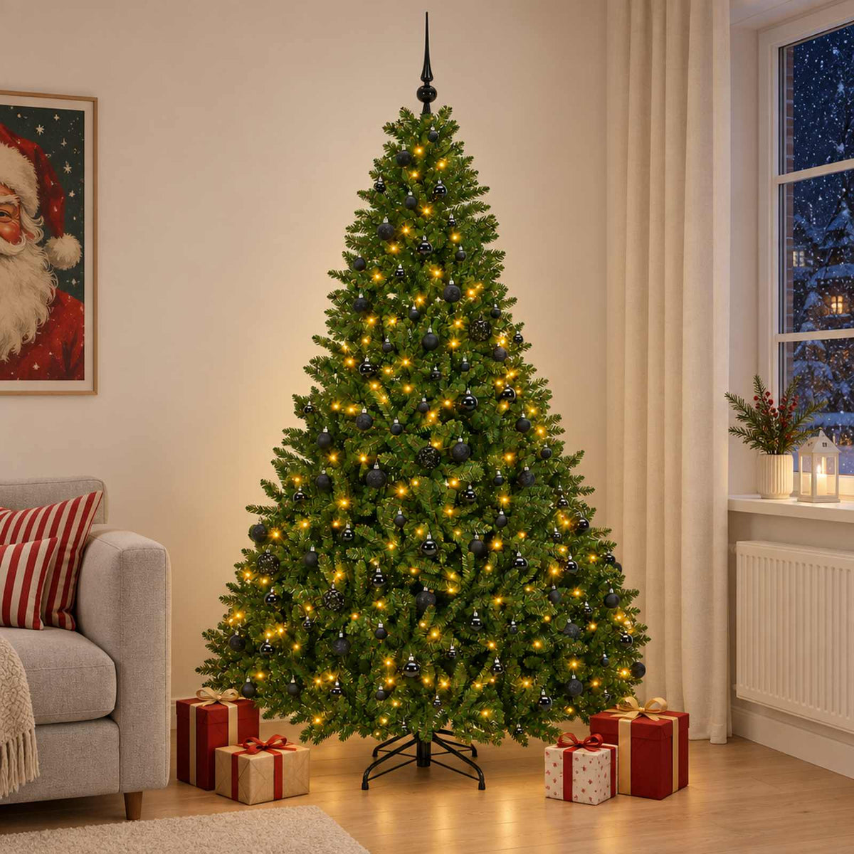 Artificial Christmas Tree with Bauble 120 cm Light Green Ø 166 x 270 cm with 300 LEDs&black balls