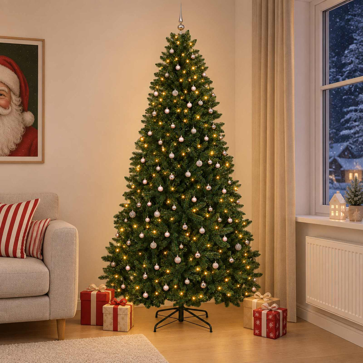 Artificial Christmas Tree with Bauble 270 cm Dark Green Ø 128 x 270 cm with 300 LEDs&pink balls