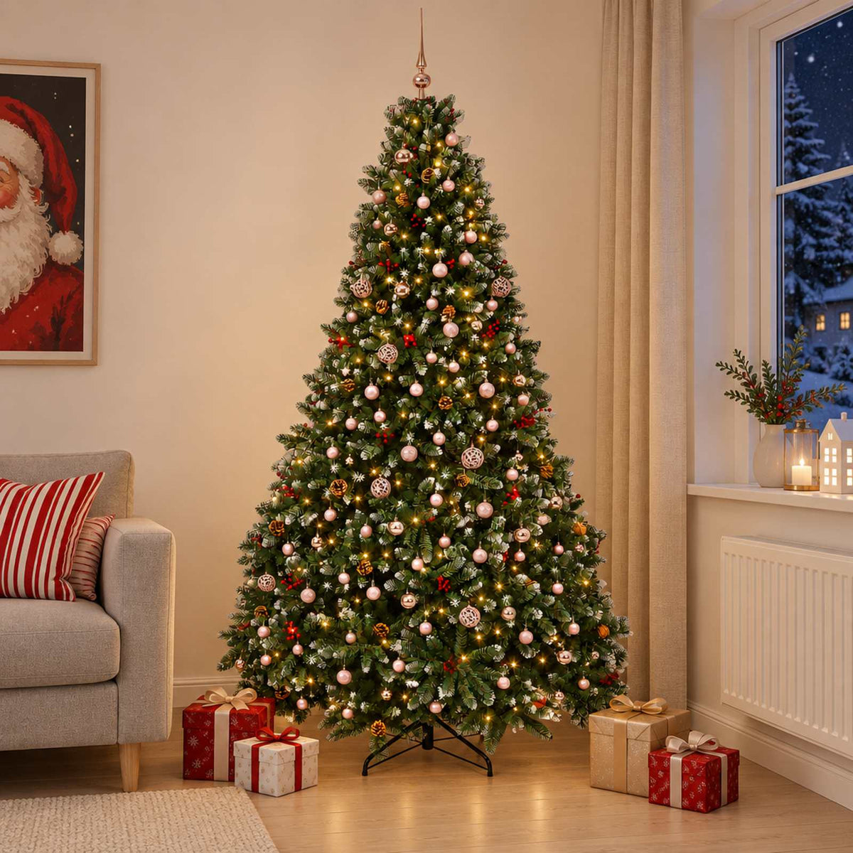Artificial Christmas Tree Green with Bauble 300 cm 600 LEDs Green with frosted tips Ø 177 x 300 cm with 300 LEDs&pink balls