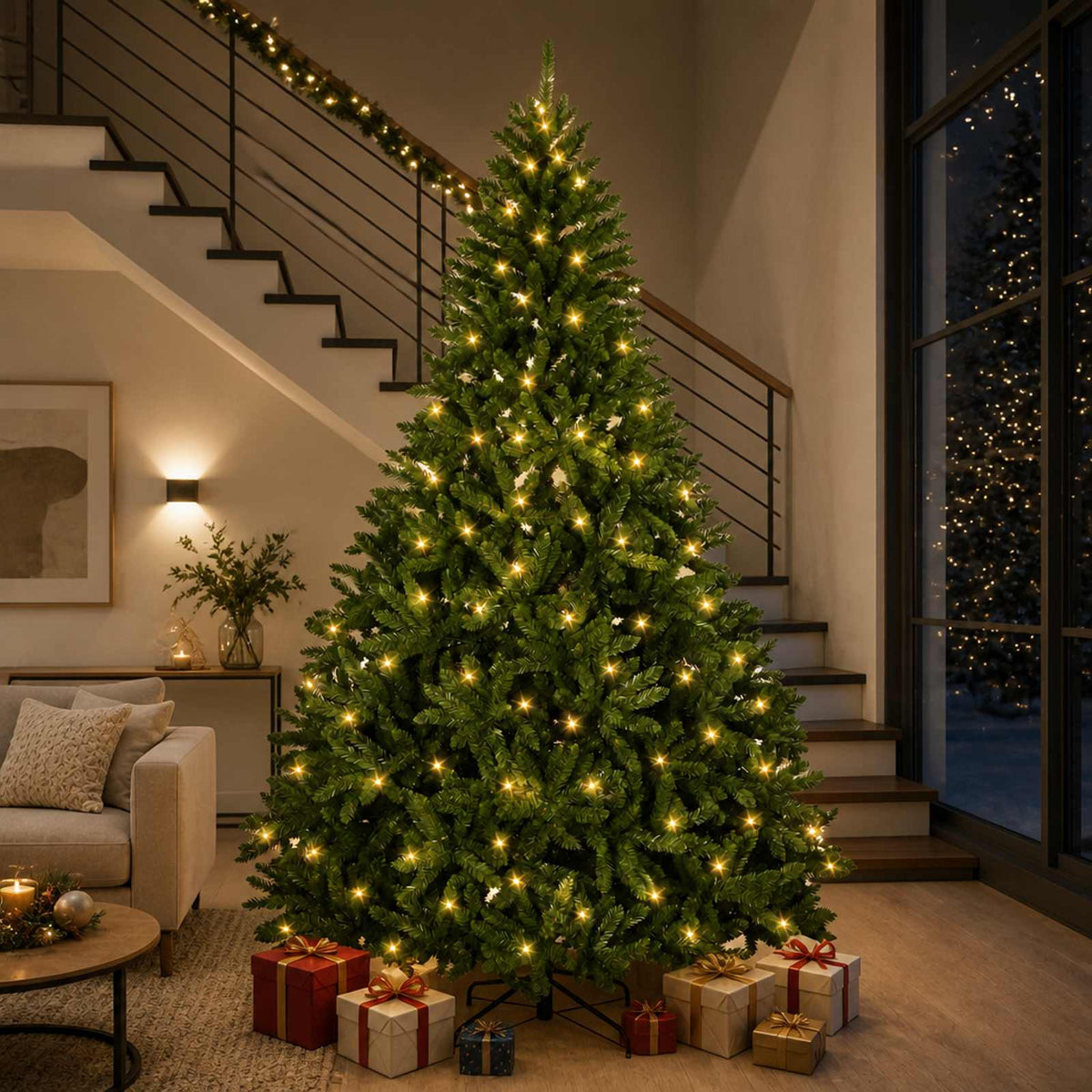 Artificial Hinged Christmas Tree 270 cm 600 LEDs Warm White Medium Green Ø 128 x 270 cm with 600 LEDs