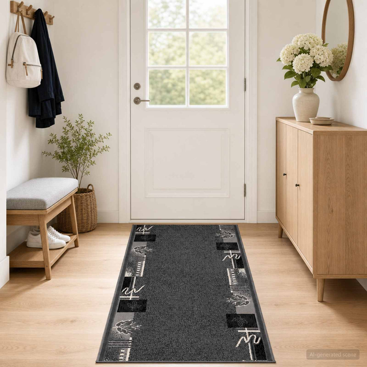 Runner Rug FLORNES Woven PP Grey leaves