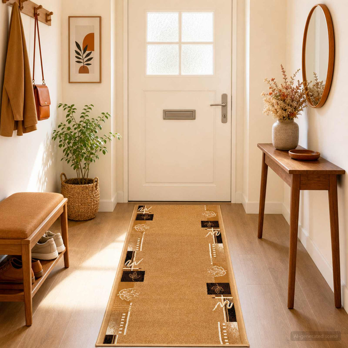 Runner Rug FLORNES Woven PP Ochre leaves