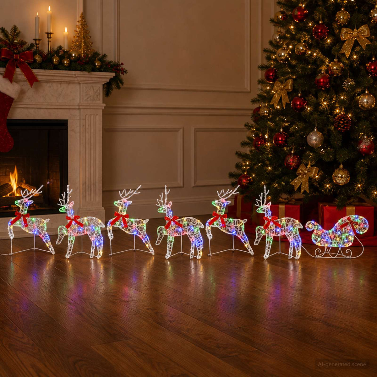 Christmas Reindeer with sleigh 100 LEDs Acrylic 7 Multicolour