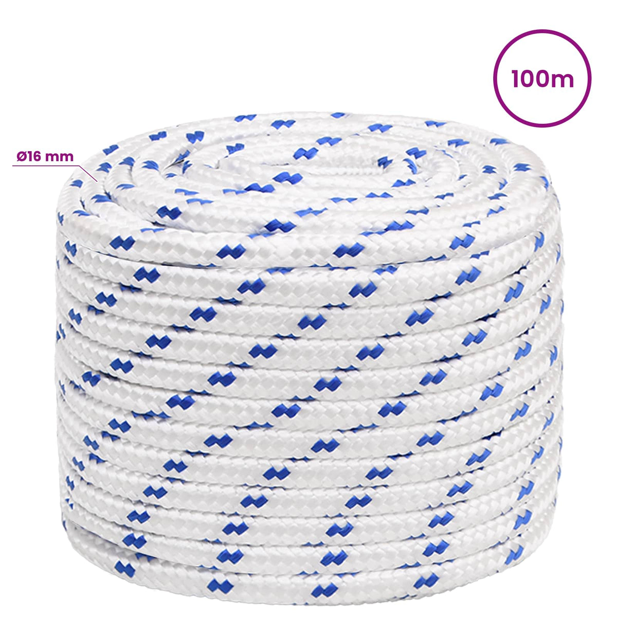 Multipurpose Utility Rope PP Length 100 m White and Blue 16 mm