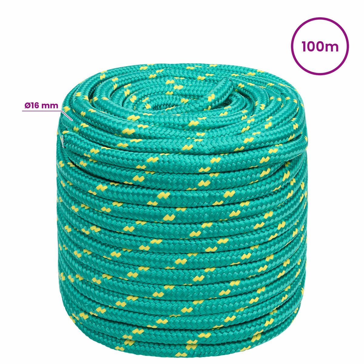 Multipurpose Utility Rope PP 150 kg Max Load Length 100 m Green 16 mm