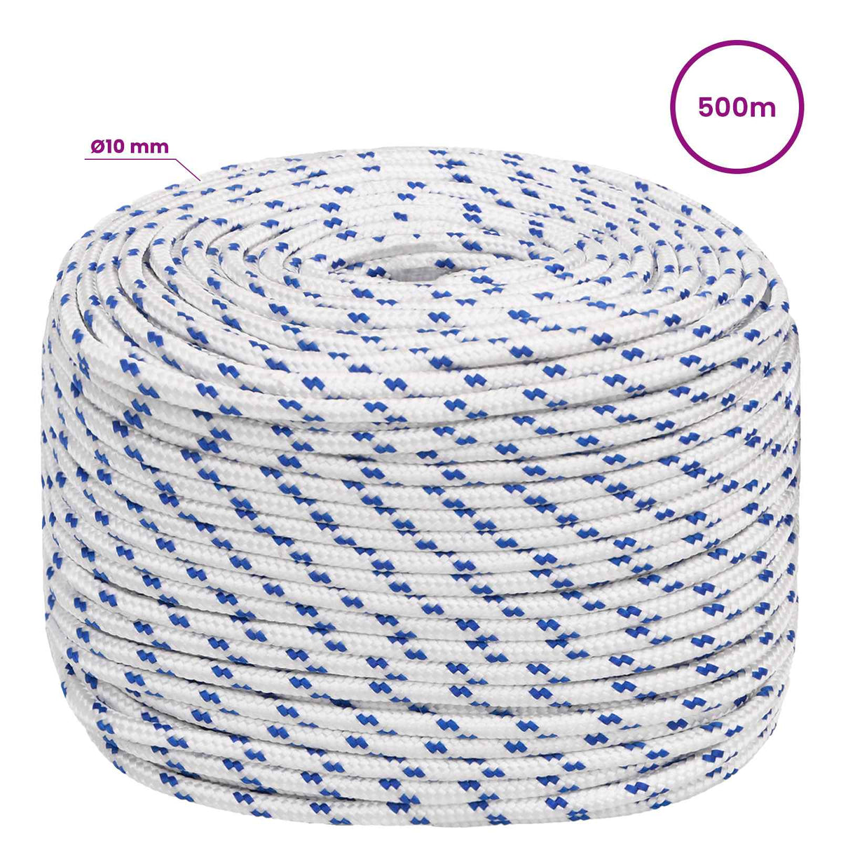 Multipurpose Utility Rope PP 645 kg Max Load Length 500 m 10 mm White and blue