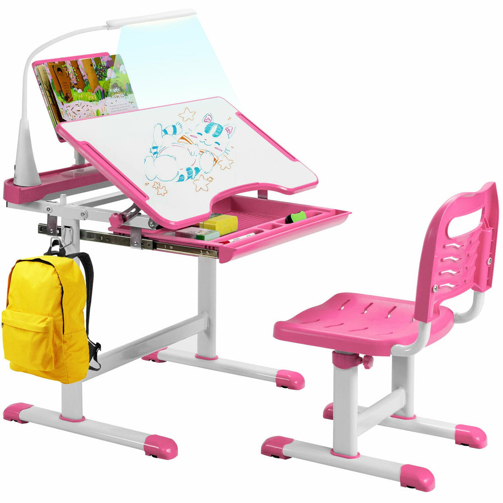 Height Adjustable Kid's Tilted Desk Set with Lamp &amp; Drawer-Pink