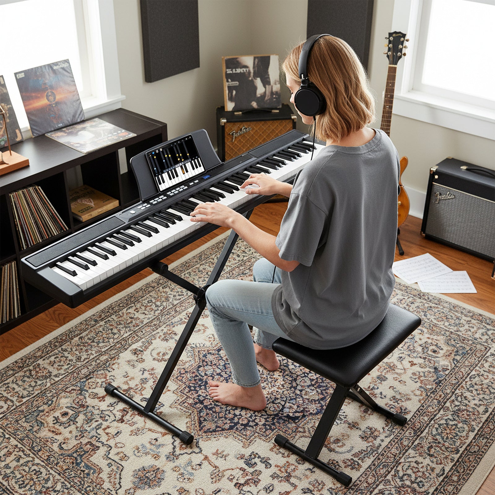 88-Key Electric Piano Keyboard Digital Piano with Adjustable Stand and Stool-Black