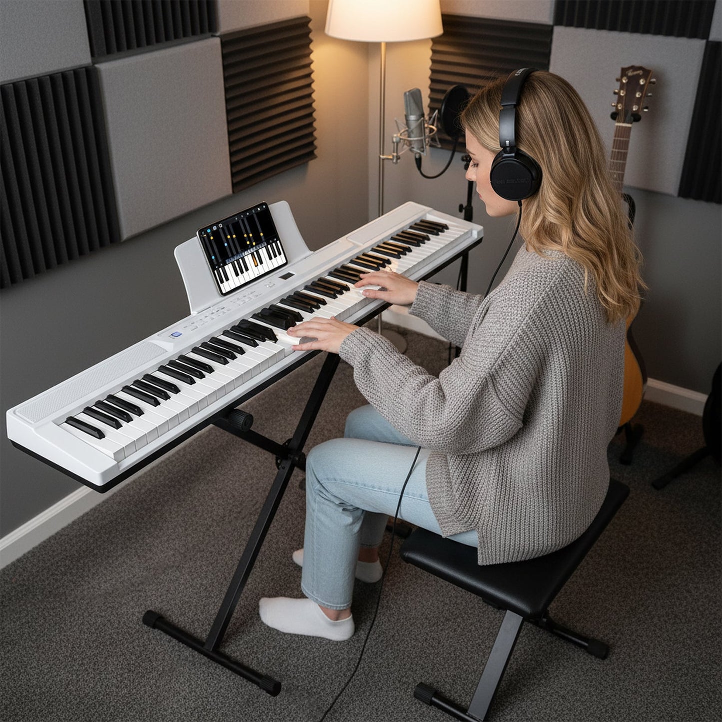 88-Key Electric Piano Keyboard Digital Piano with Adjustable Stand and Stool-White