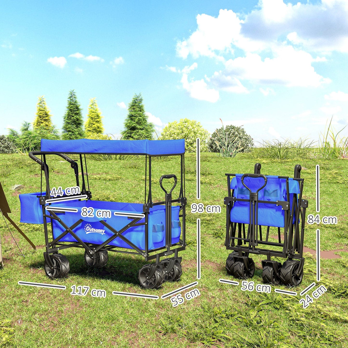 Outsunny Folding Trolley Cart Storage Wagon Beach Trailer 4 Wheels with Handle Overhead Canopy Cart Push Pull for Camping, Blue