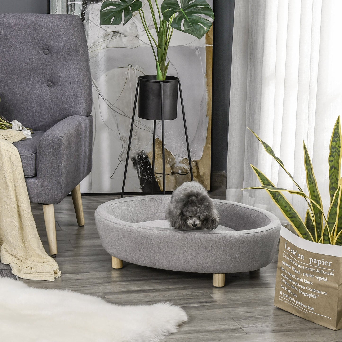 أريكة PawHut Pet Sofa الناعمة ذات الإسفنج المبطن والأرجل الخشبية، باللون الرمادي الفاتح