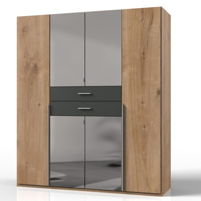 Wardrobe DENMARK 4 Door Mirrored Wardrobe Finish Oak and Graphite 180cm