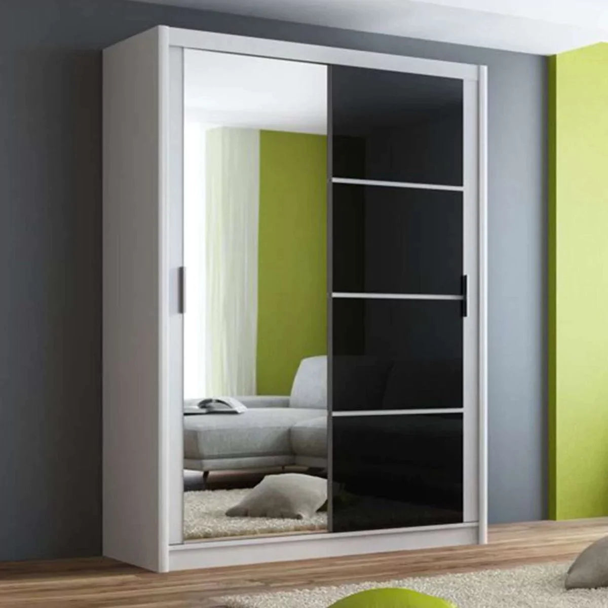 Highland Sliding Door Mirrored 150cm Wardrobe - White with Black