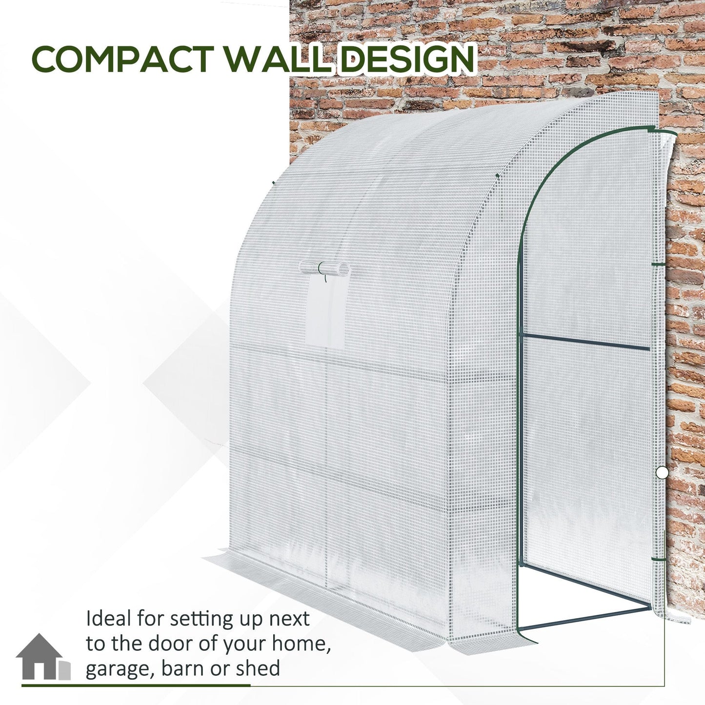 Outsunny Walk-In Lean to Wall Greenhouse with Windows and Doors, Outdoor Green House with 3 Tiers 4 Wired Shelves, 200L x 100W x 215Hcm, White
