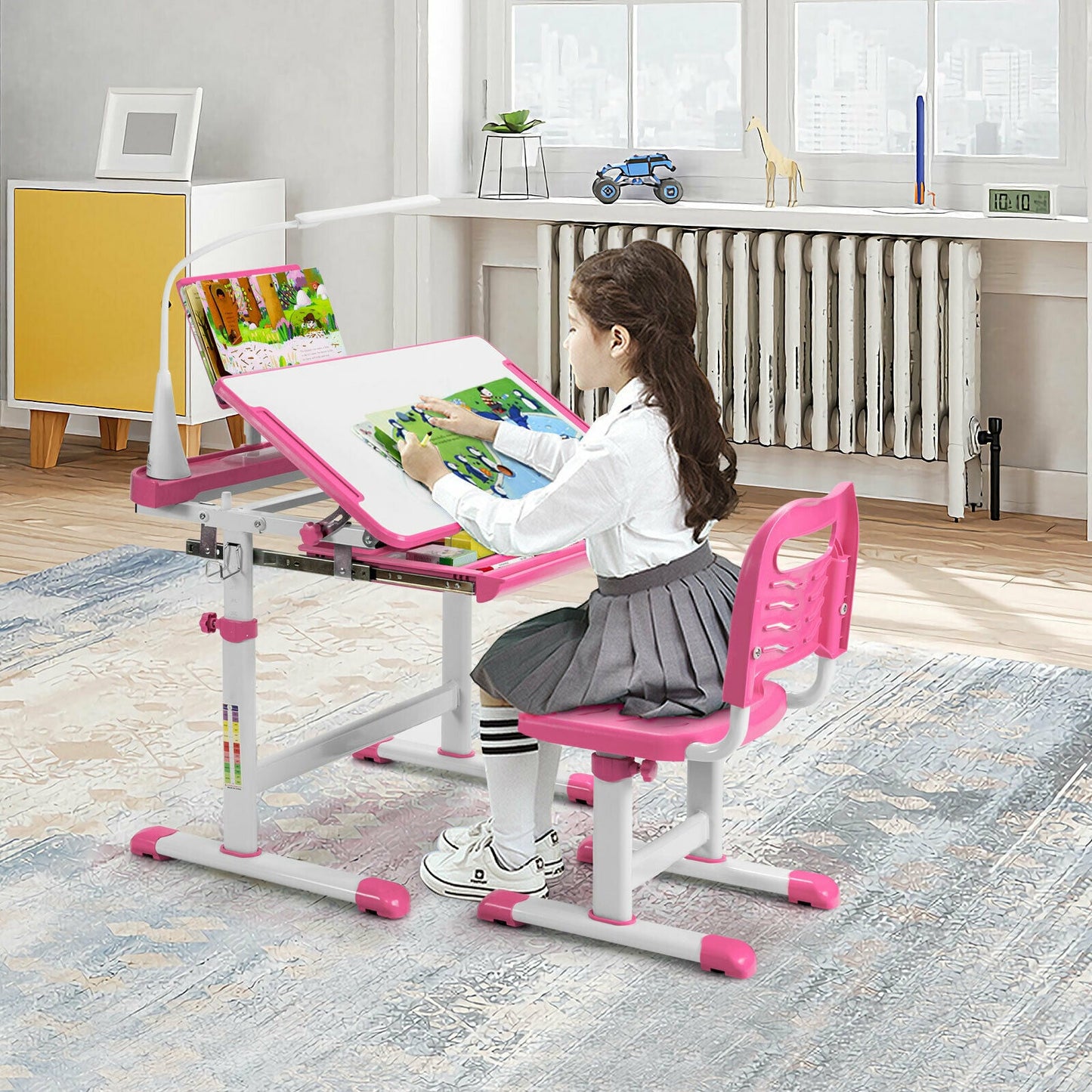 Height Adjustable Kid's Tilted Desk Set with Lamp &amp; Drawer-Pink