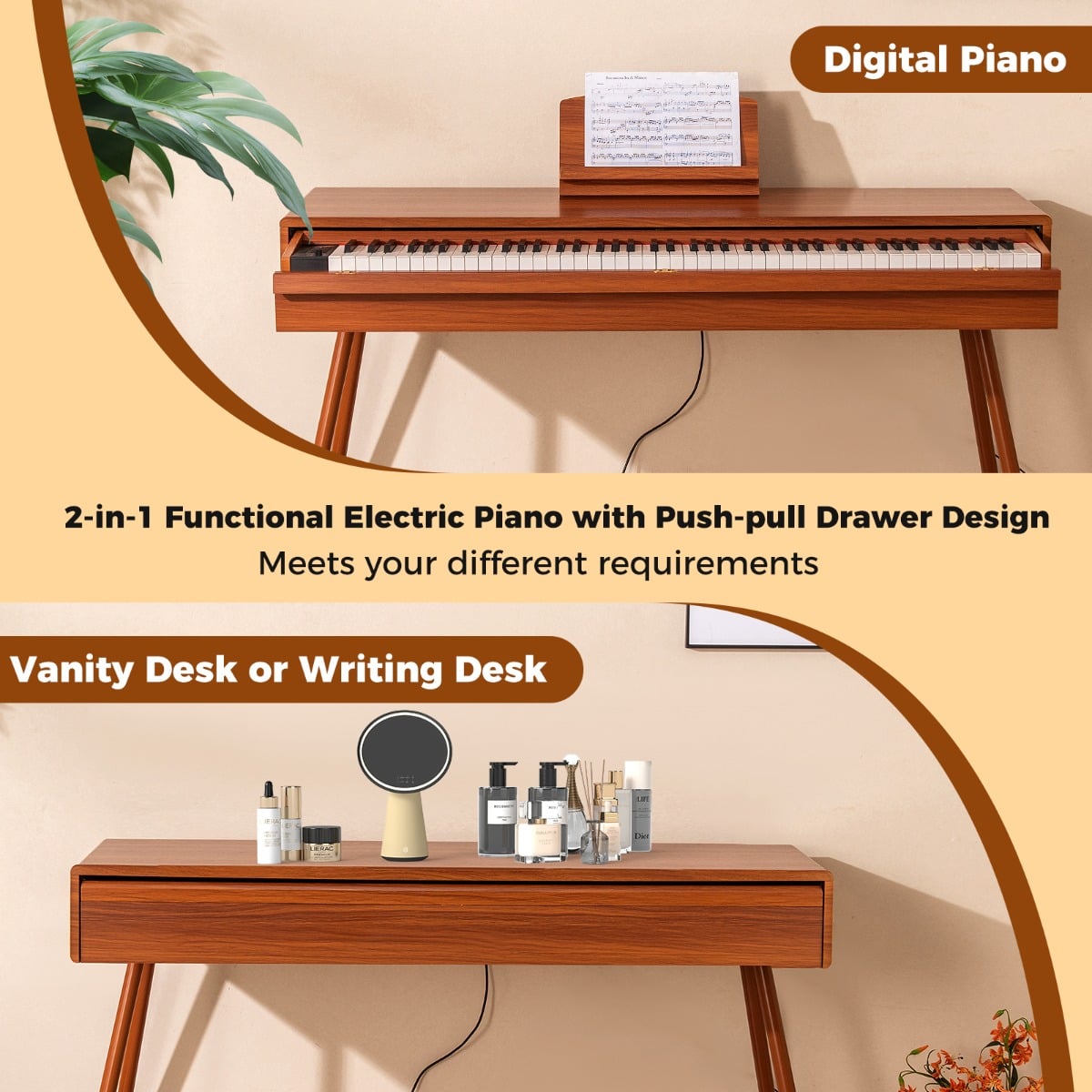 88-Key Graded Hammer Action Weighted Keyboard Full-size Electric Piano-Brown