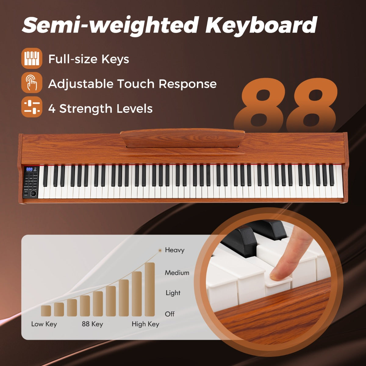 88-Key Keyboard Piano Set Full Size Semi-weighted Digital Piano-Brown
