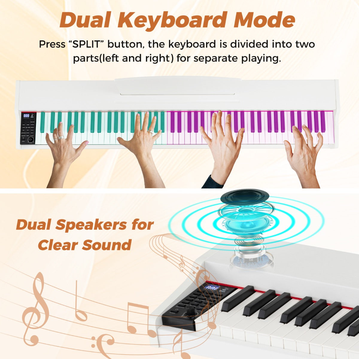 88-Key Keyboard Piano Set Full Size Semi-weighted Digital Piano-White