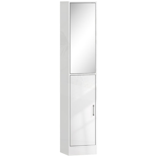 kleankin Tall Bathroom Cabinet with Mirror and Adjustable Shelf - High Gloss White