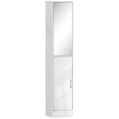 kleankin Tall Bathroom Cabinet with Mirror and Adjustable Shelf - High Gloss White