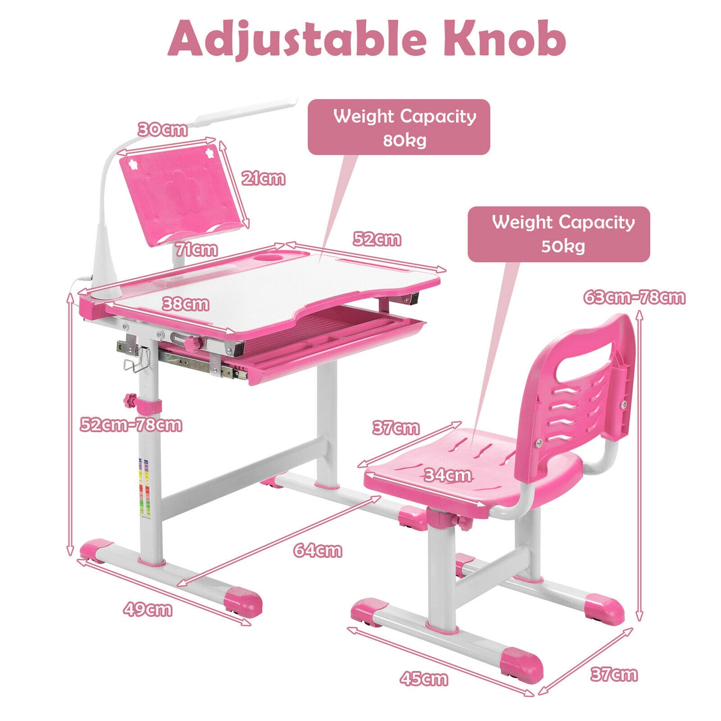 Height Adjustable Kid's Tilted Desk Set with Lamp &amp; Drawer-Pink