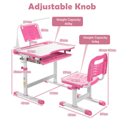 Height Adjustable Kid's Tilted Desk Set with Lamp &amp; Drawer-Pink