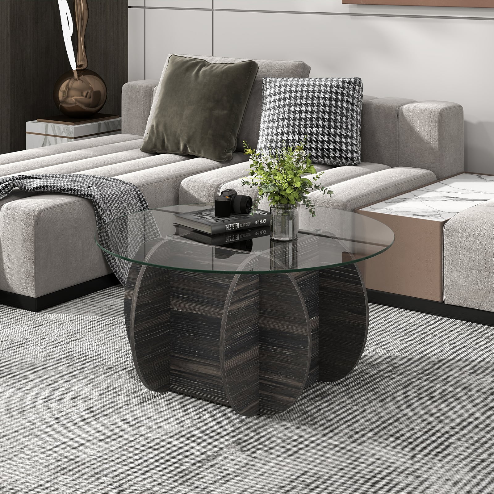 89cm Round Coffee Table Modern Accent Table with Tempered Glass Top-Black