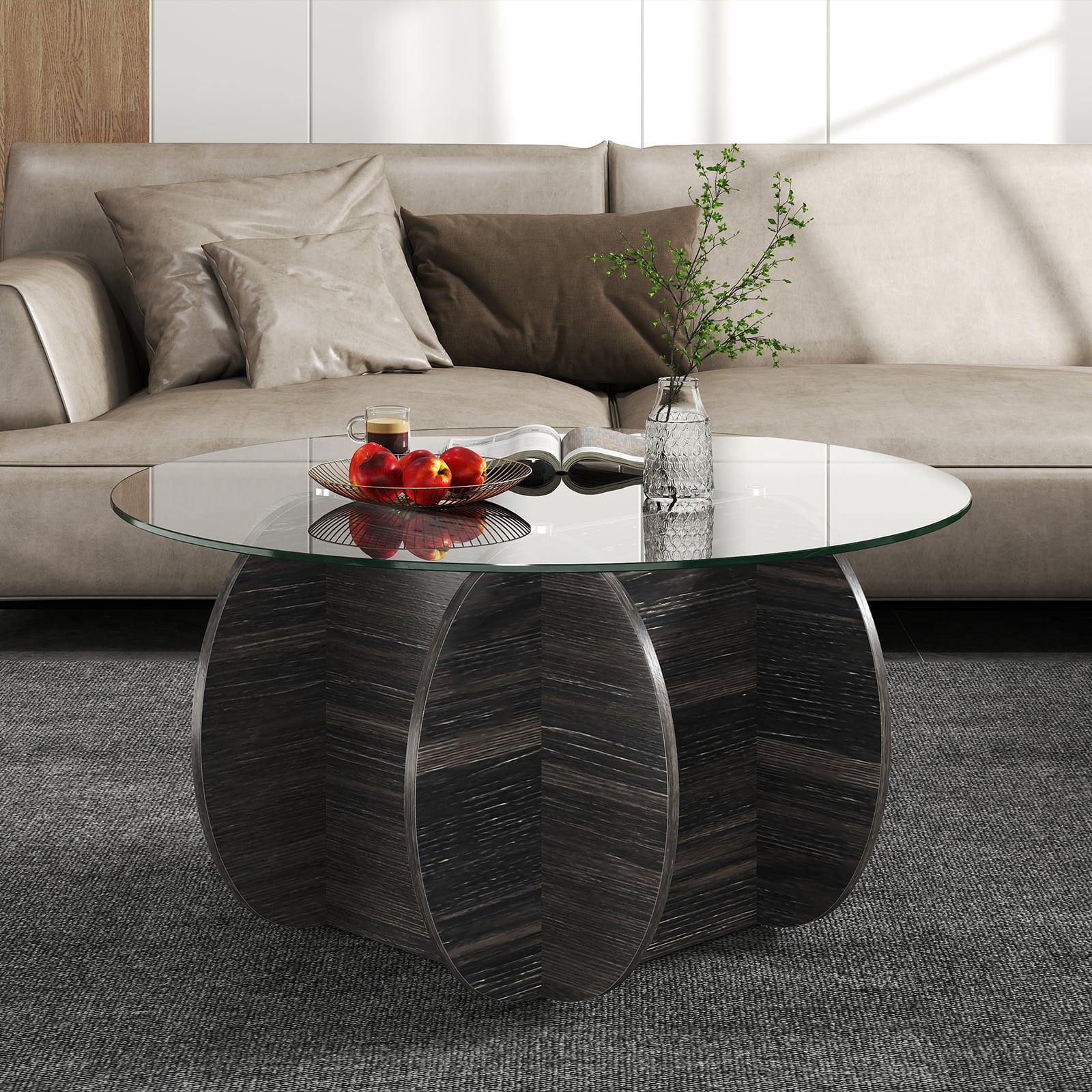 89cm Round Coffee Table Modern Accent Table with Tempered Glass Top-Black