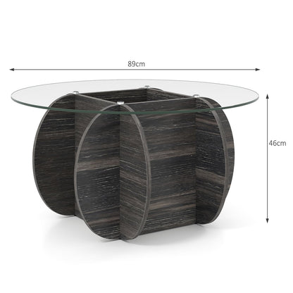 89cm Round Coffee Table Modern Accent Table with Tempered Glass Top-Black