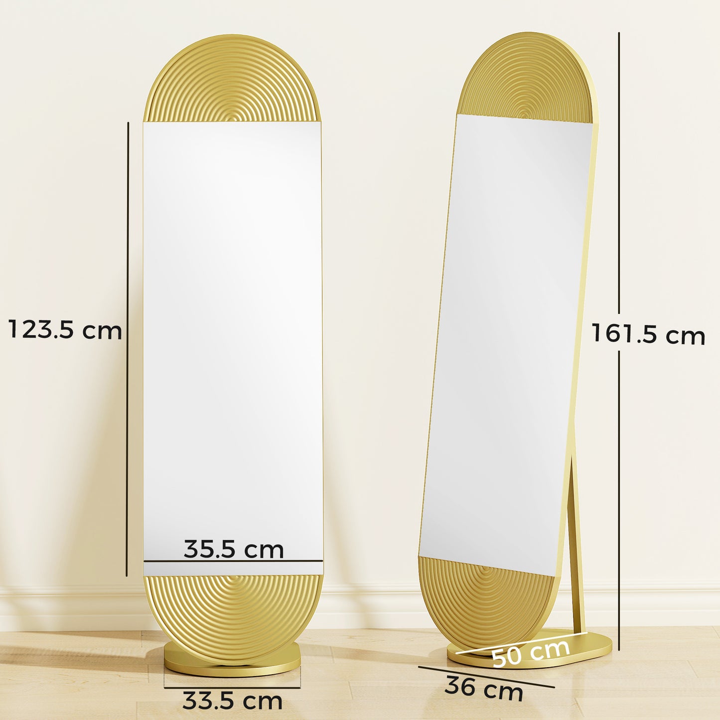 HOMCOM 50 x 161 cm Wavy Full Length Mirror, Free Standing Mirror with Metal Frame and Solid Base, Gold Tone