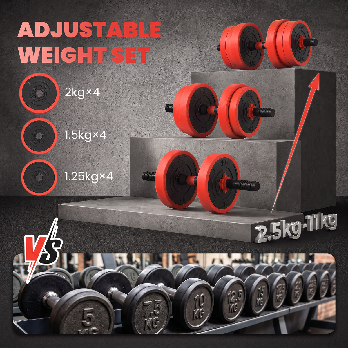 SPORTNOW 20kg 6-in-1 Adjustable Weight Dumbbells Set, Barbell, Kettlebell, Push Up Stand - Red