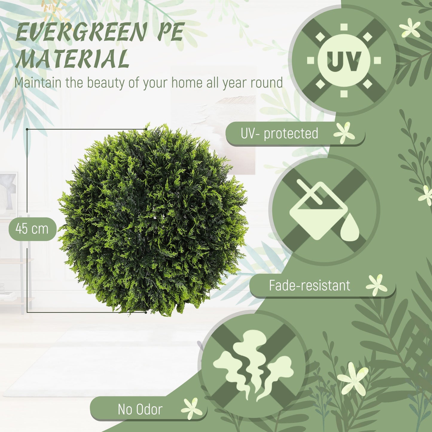 HOMCOM Set of 2 Artificial Plant Topiary Balls, UV-protected Fake Decorative Plants, Faux Plants for Home Indoor Outdoor Decor, 45cm, Green