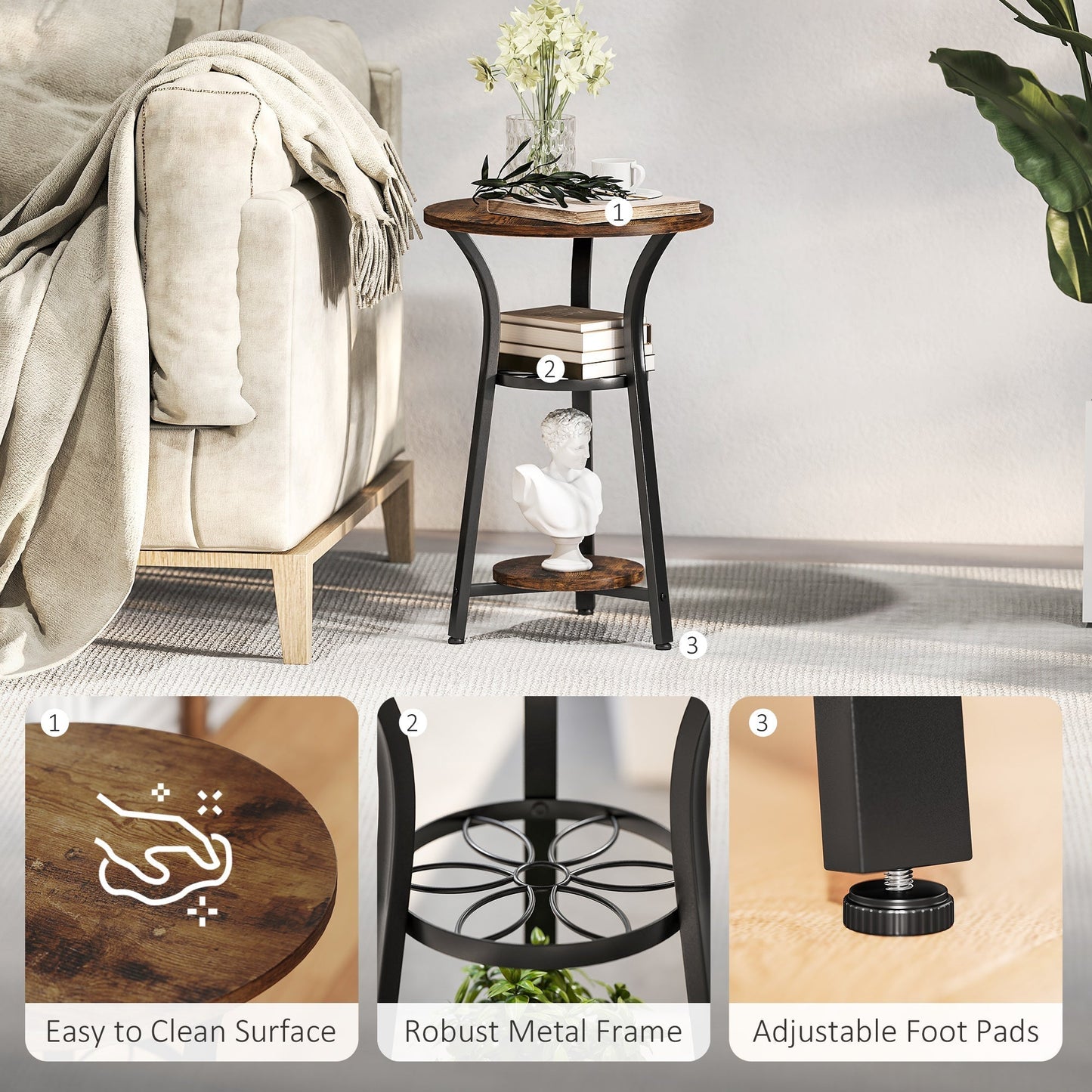 HOMCOM Small Round Side Table with 3 Storage Shelves - Rustic Brown